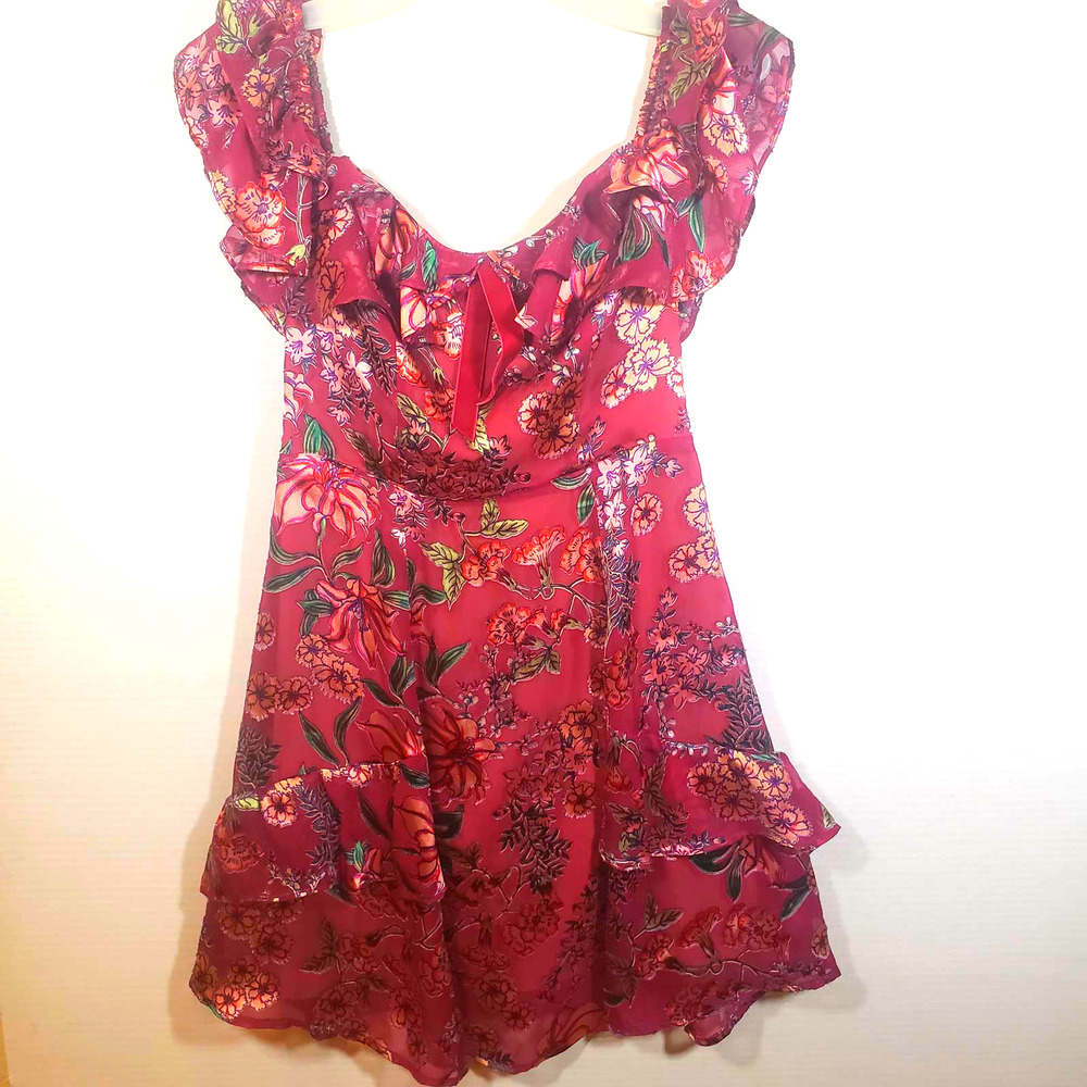 For Love & Lemons Flora Off Shoulder Mini Dress Floral Ruffle XS Berry Silk